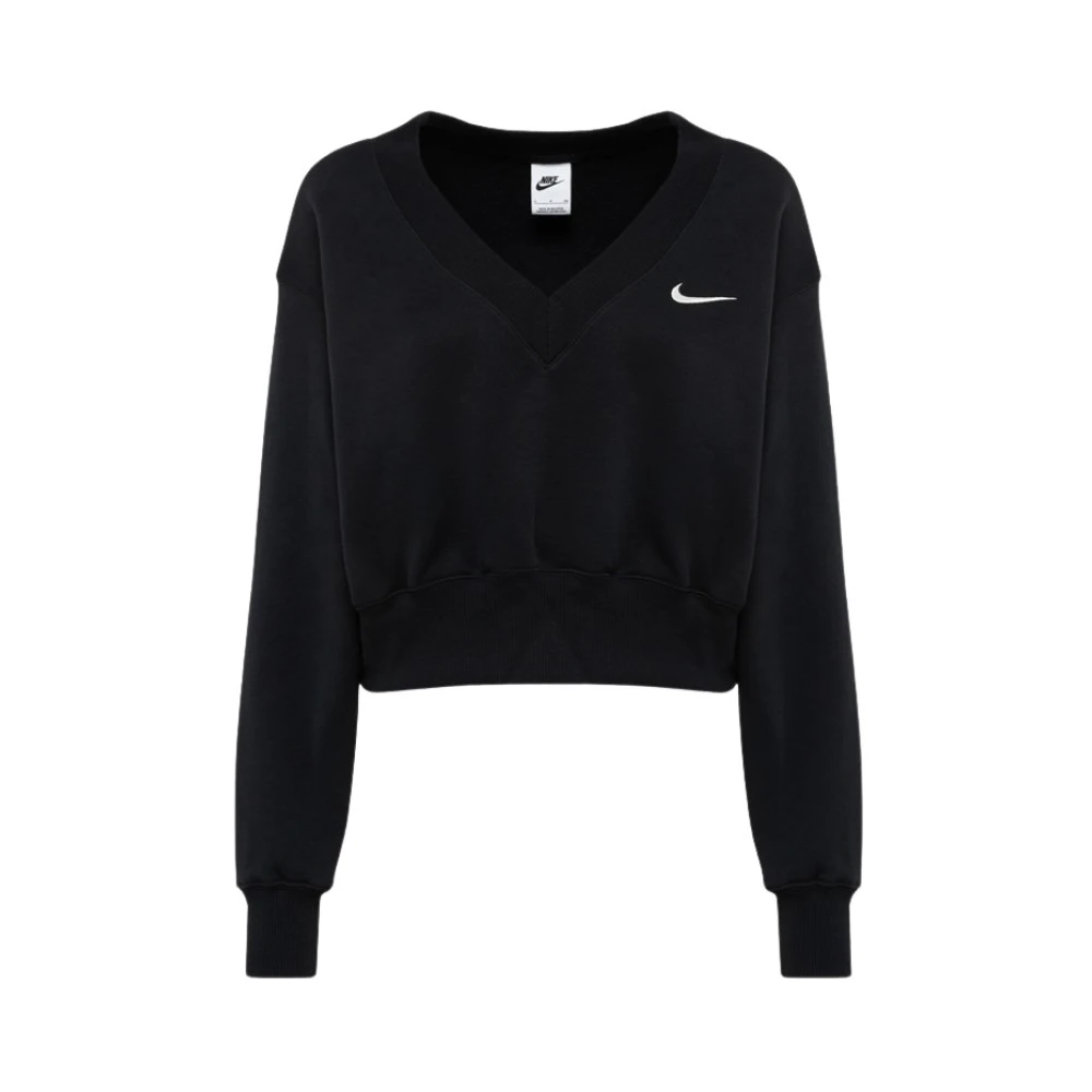 Nike Cropped V-Neck Sweatshirt met Logo Borduursel Black Dames