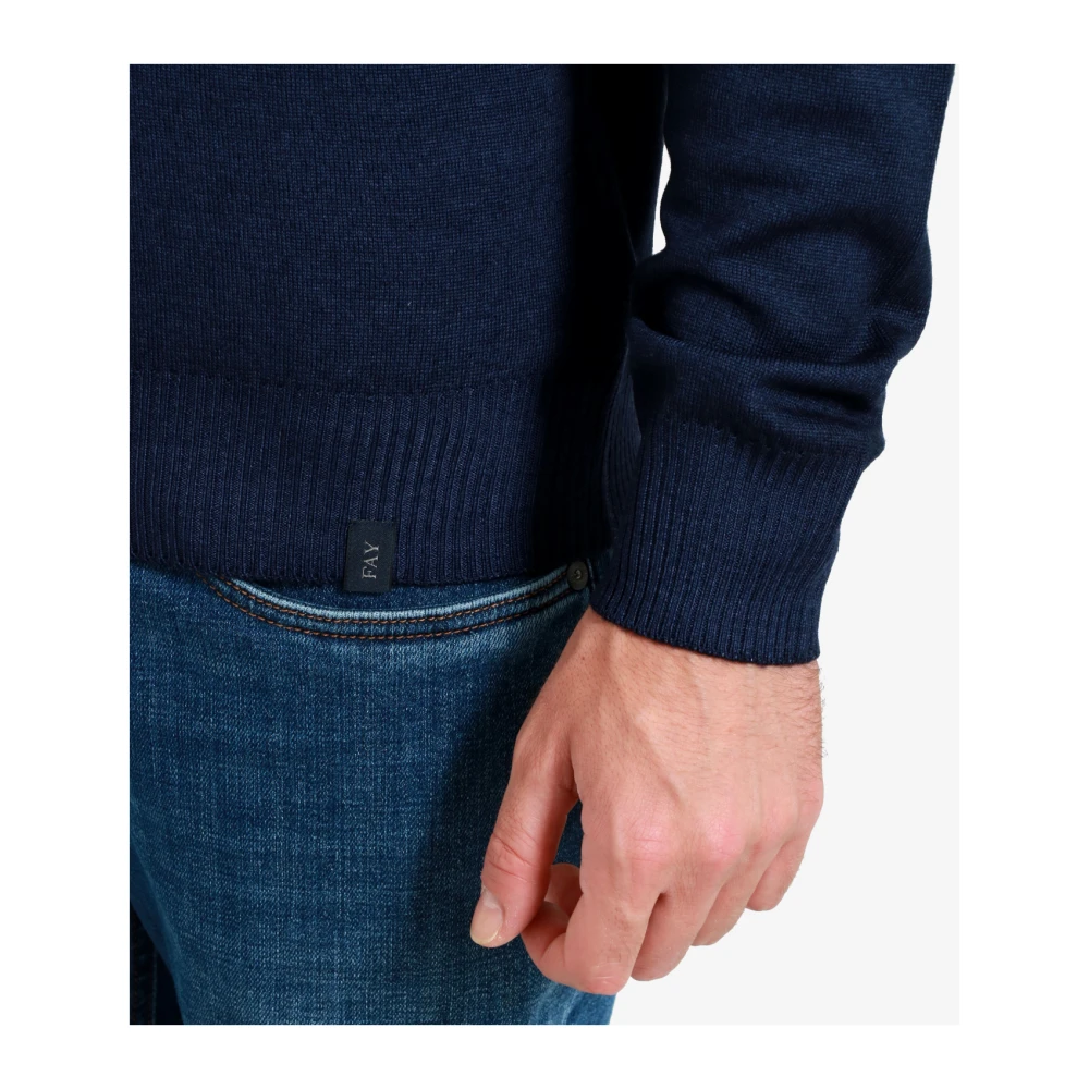 Fay Blauwe Wollen Trui met Geribbelde Details Blue Heren