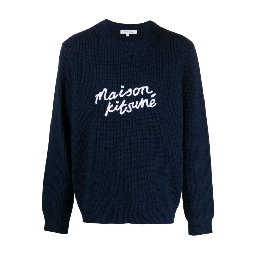 Maison Kitsuné , Embroidered Logo Wool Sweater ,Blue male, Sizes: L, M