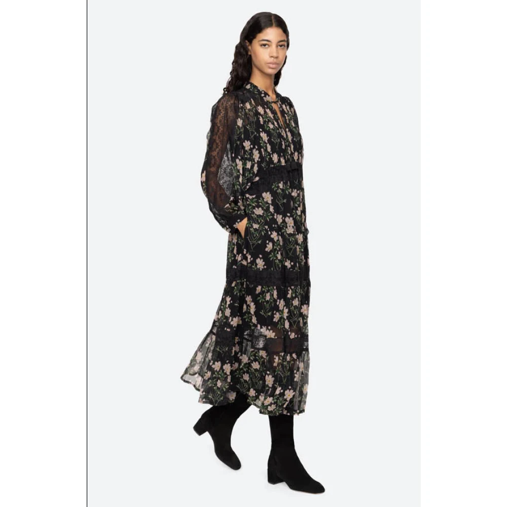 Sea NY Bloemenprint Midi Jurk met Kantinzetten Black Dames