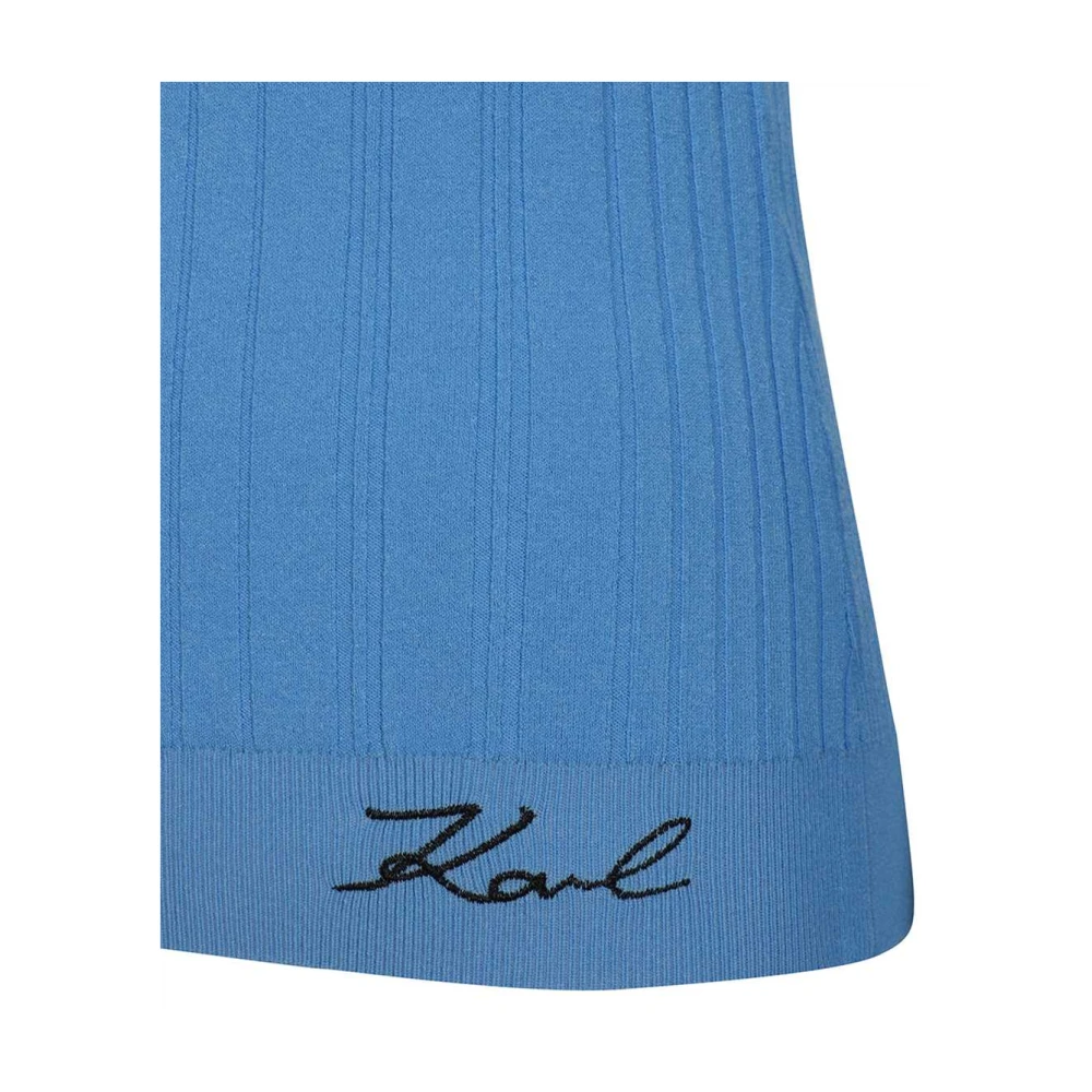 Karl Lagerfeld Geribbelde Viscose Top met Geborduurd Logo Blue Dames