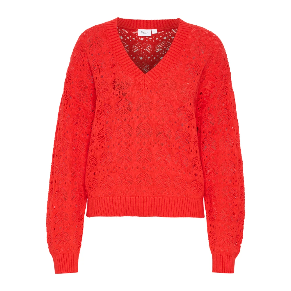 Saint Tropez V-Hals Trui Gebreid Flame Scarlet Red Dames