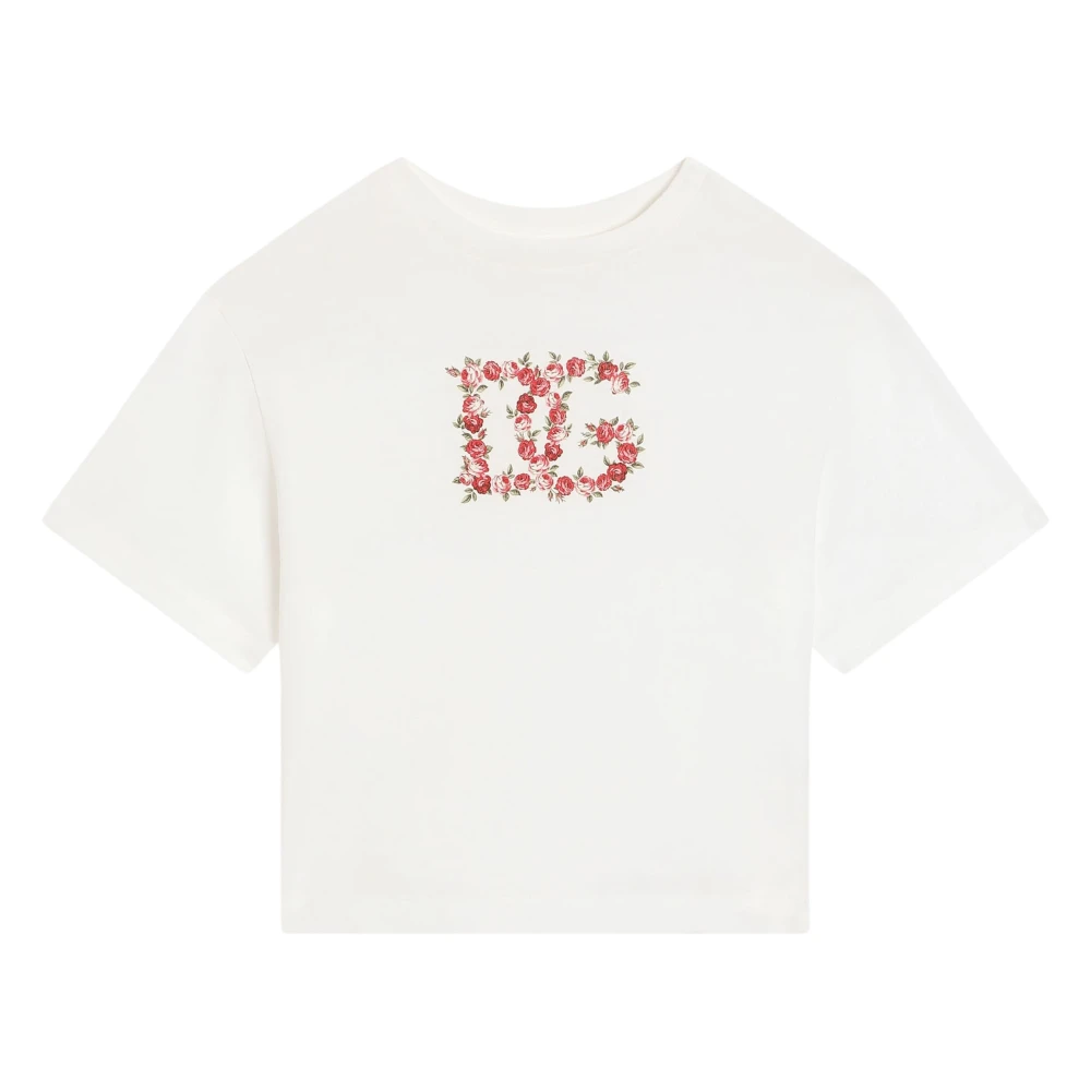 Dolce & Gabbana , Kids Short Sleeve T-Shirts, Female, White, 12 Y, Floral Dg Logo T-Shirt