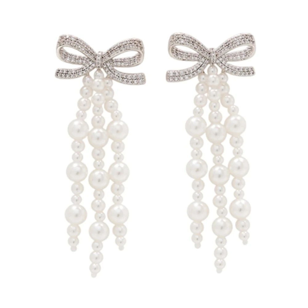 Self Portrait Women's Beige Bow Pearl Waterfall Earrings