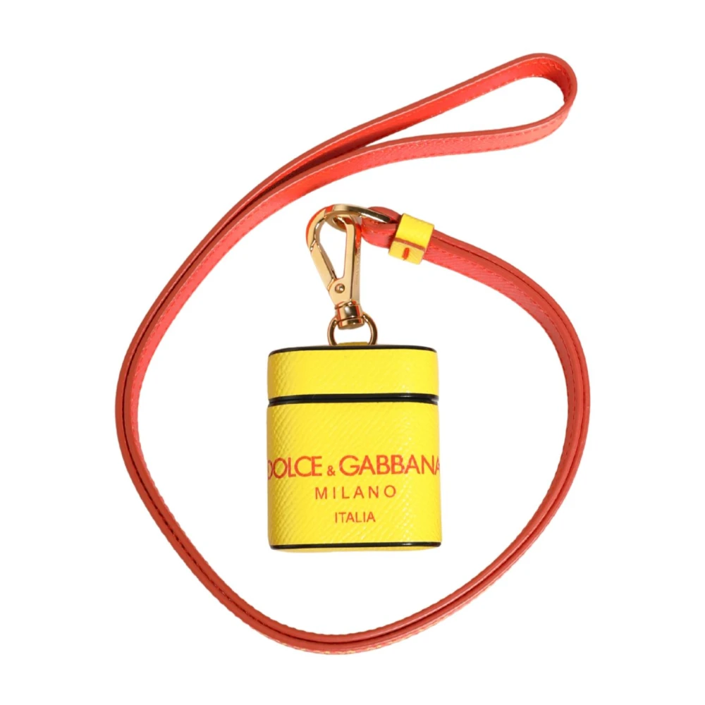 Dolce & Gabbana Vrouw Geel Accessoires Dames, One Size, Leer, Kalfsleer Logo Flip Houder Strap Air Pods Case