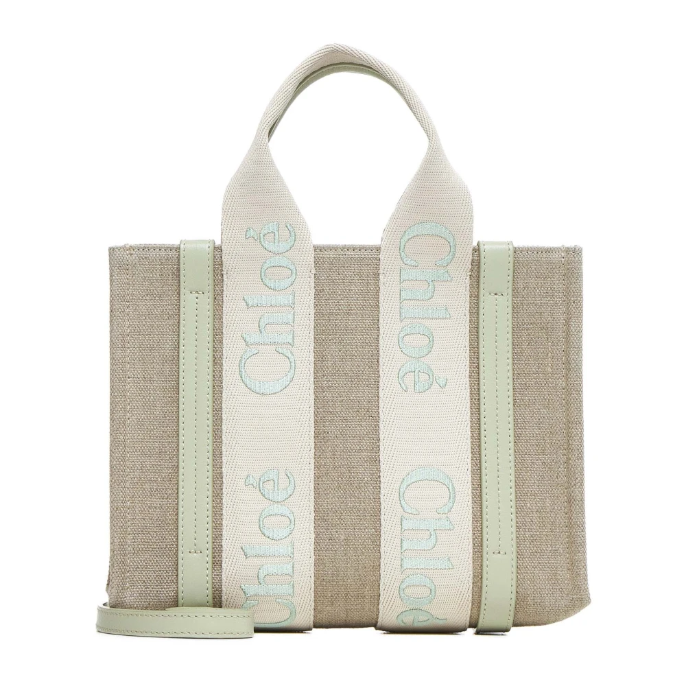 Chloé Beige Canvas Tote met Groene Leren Band Beige Dames
