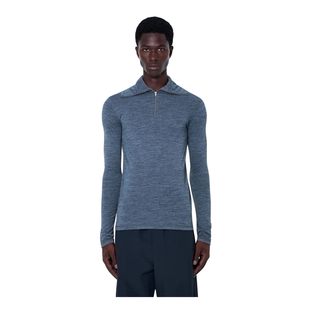 Jil Sander Mannelijk Grijs Tops Heren, S, Katoen, Stretch Cotton Jersey Half-Zip Long Sleeve Top