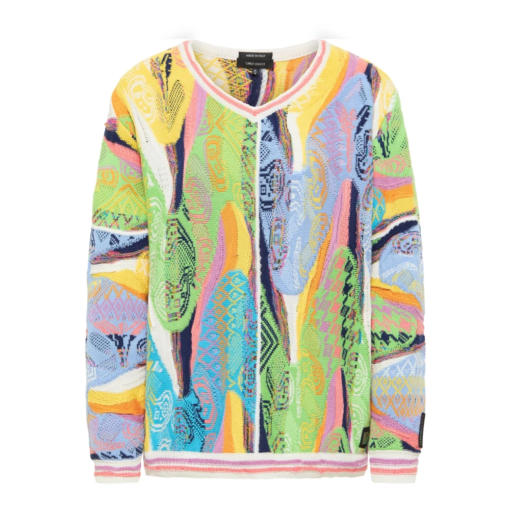 Carlo Colucci Women's Multicolor V-Neck Knitwear, Xs, Jacquard V-Neck Pullover Curtoni