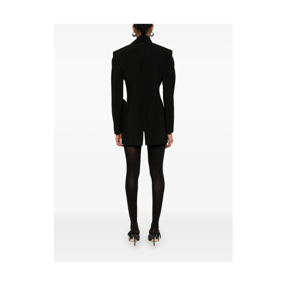 Mugler Zwarte Twill Weave Jas met Leren Afwerking Black Dames