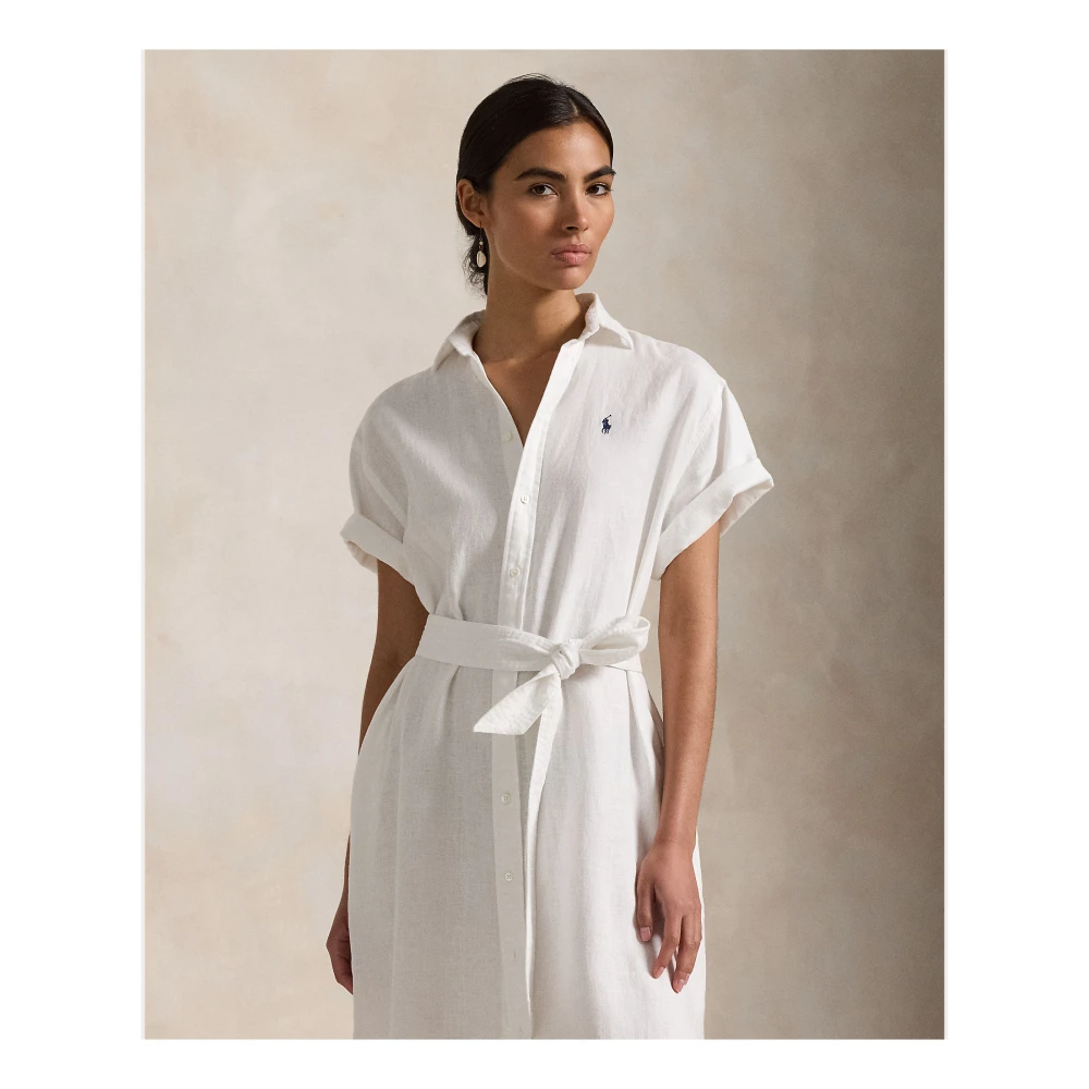 Polo Ralph Lauren Witte Linnen Overhemdjurk met Korte Mouwen White Dames
