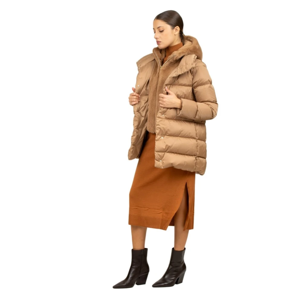 Herno Zwarte Polyester Midi Jas met Eco Bont Capuchon Brown Dames