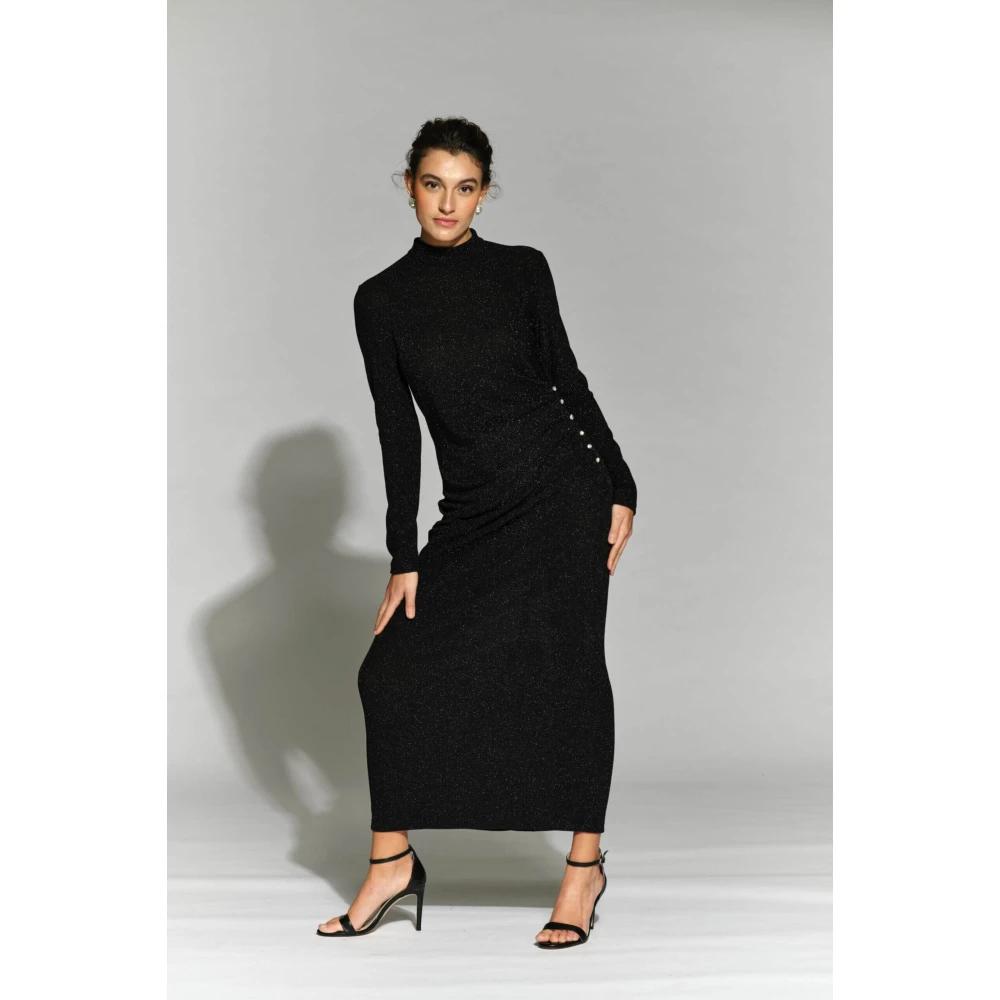 Moskada Zwarte Lurex Midi Jurk met Parel Detail Black Dames