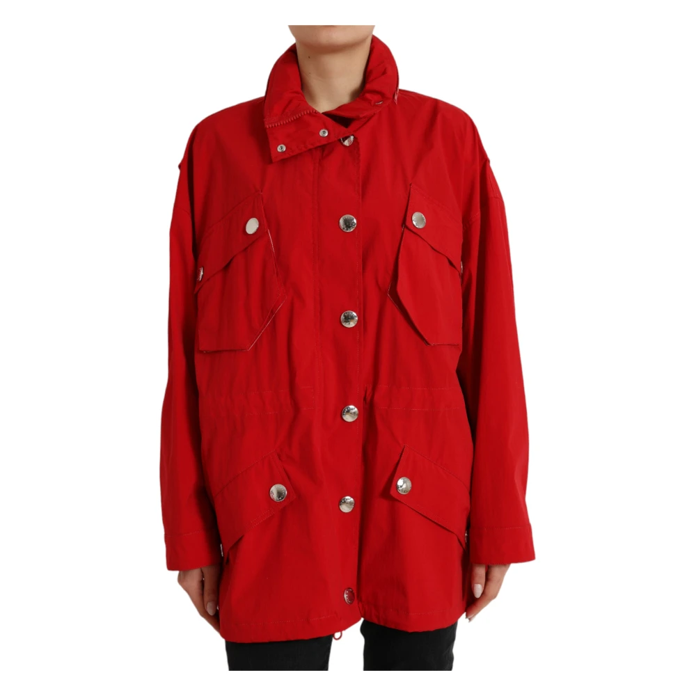 Dolce & Gabbana Rode Polyester Hooded Knoopregenjas Red Dames