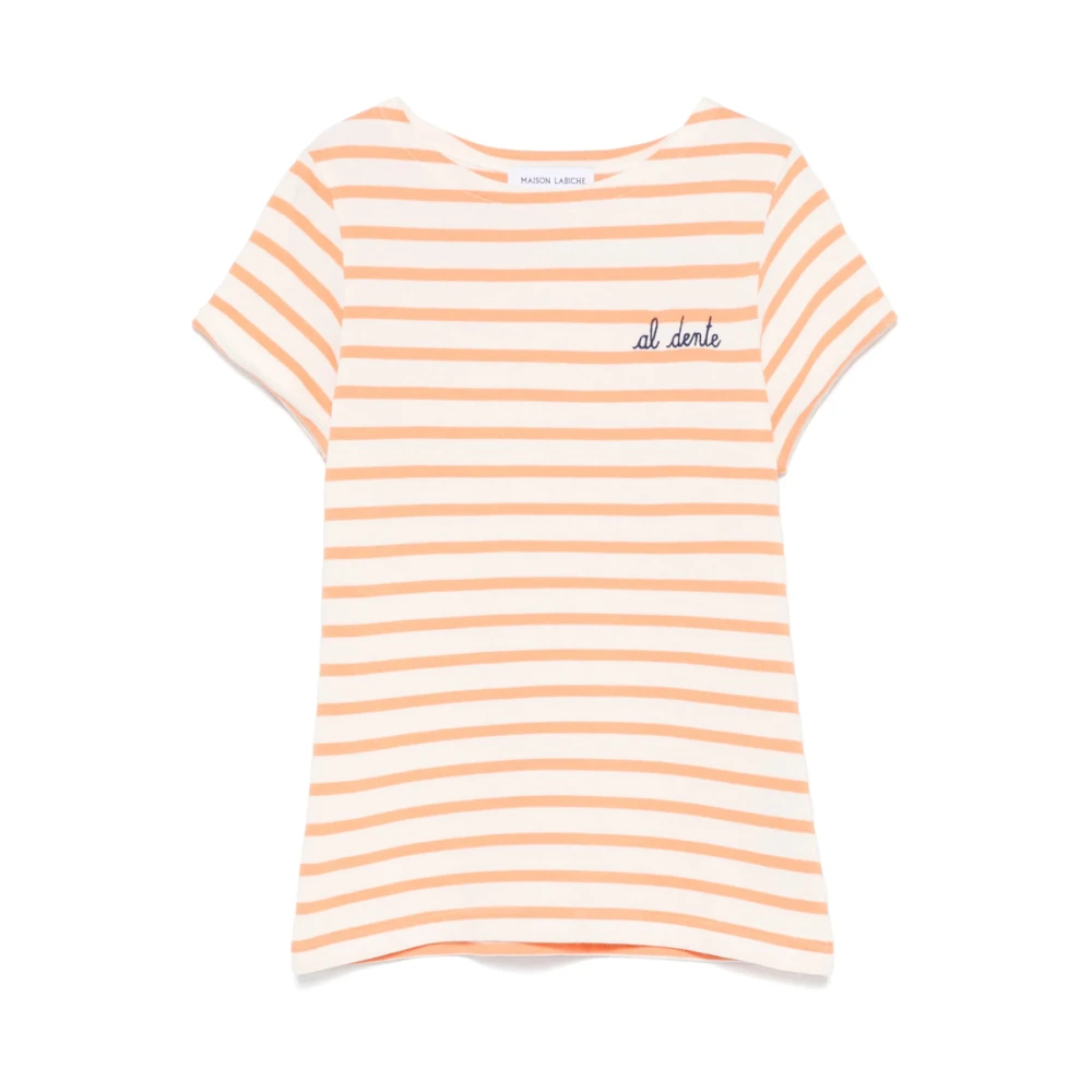 Maison Labiche Ecru Crew Neck T-shirt met Omgeslagen Manchetten Orange Dames