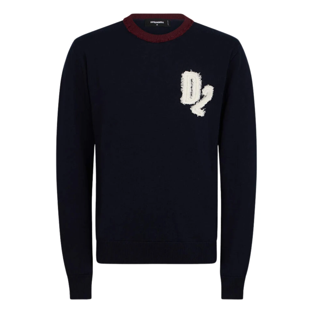 Dsquared2 , Round-Neck Knitwear, Male, Blue, L, D2 Wool Pullover