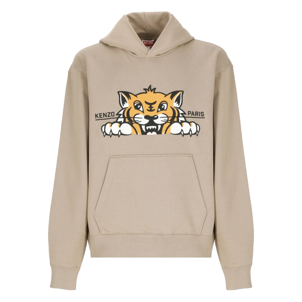 Kenzo Bruine katoenen hoodie met vrolijke tijgerborduursel Brown Heren