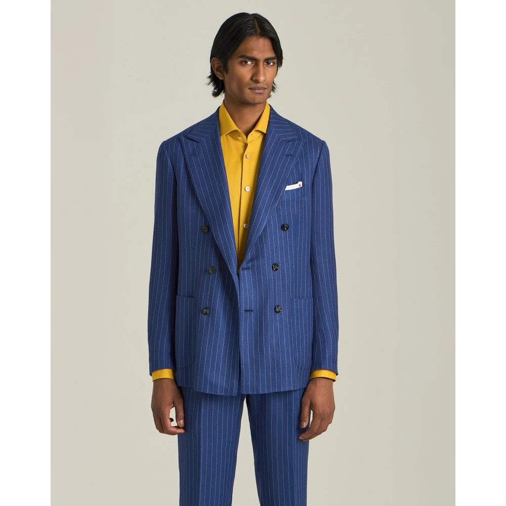 Kiton Pinstripe Double-Breasted Kasjmier Linnen Pak Blue Heren