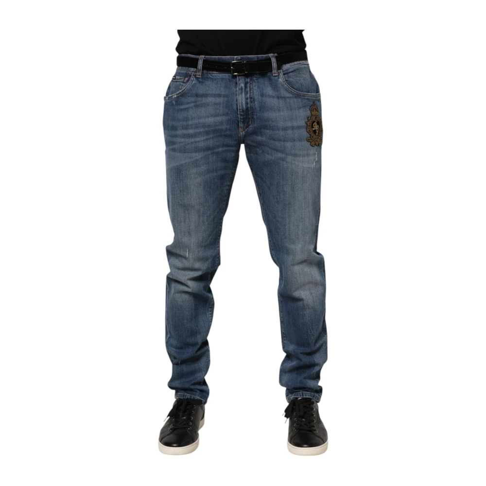 Dolce & Gabbana Men's Blue Logo Embroidery Skinny Denim Jeans