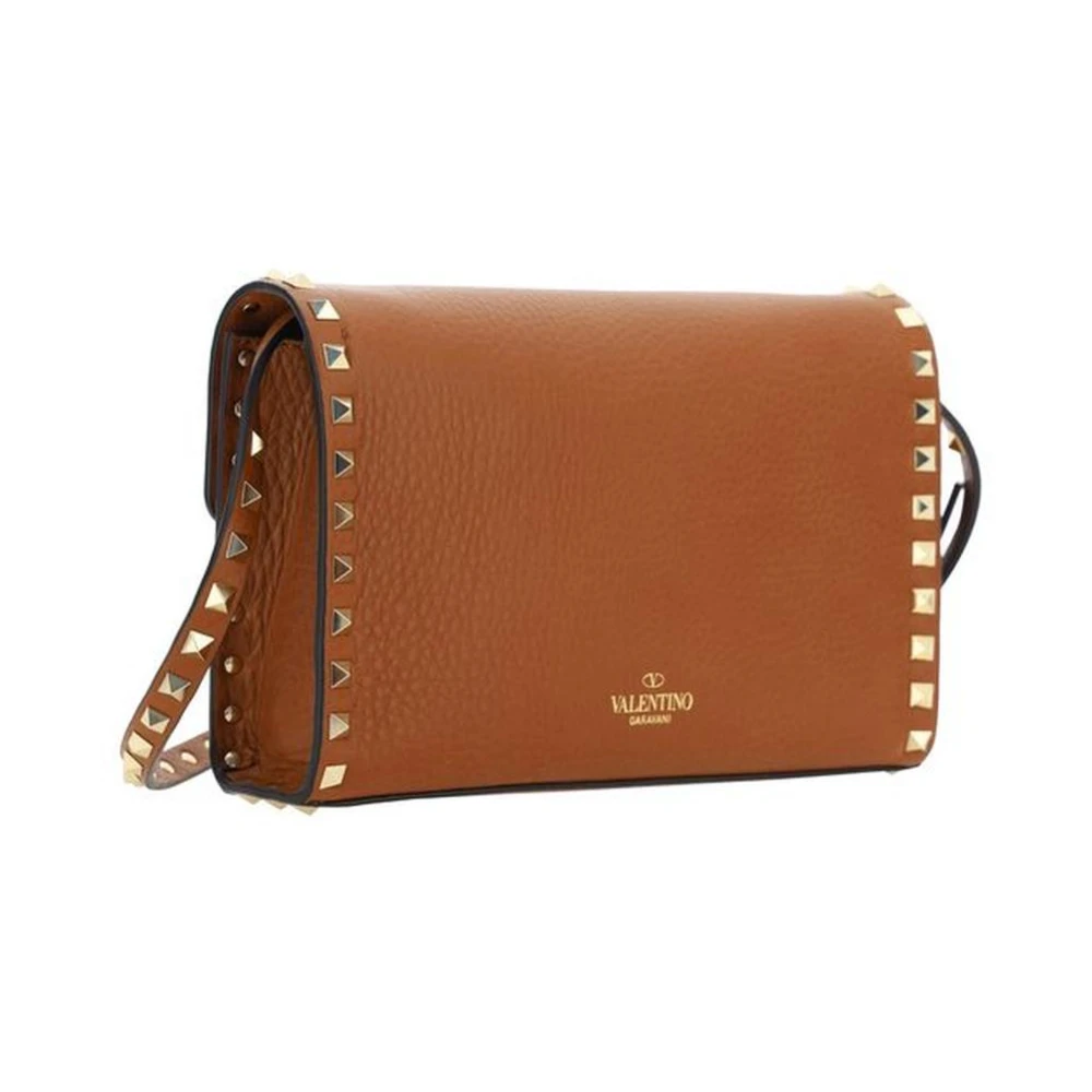 Valentino Garavani Gestudeerde Leren Schoudertas met Draaisluiting Brown Dames