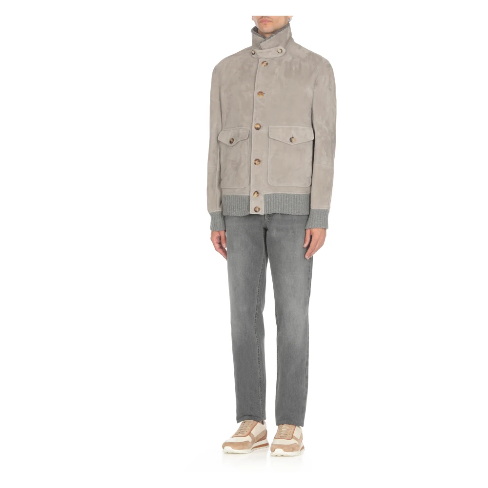 BRUNELLO CUCINELLI Grijze Suède Leren Cashmere Jas Gray Heren