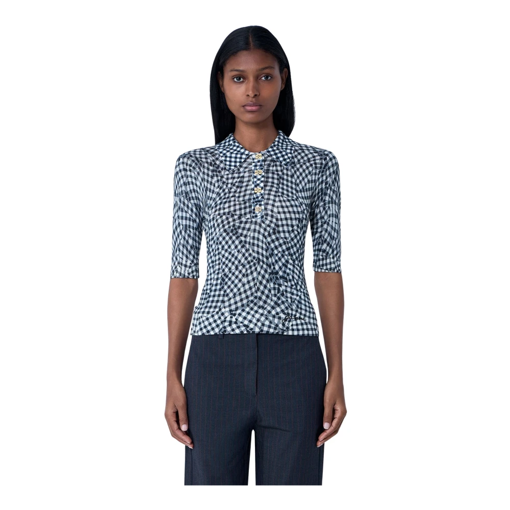 Ganni Women's Multicolor Polo Shirts, M, Printed Mesh Polo Shirt