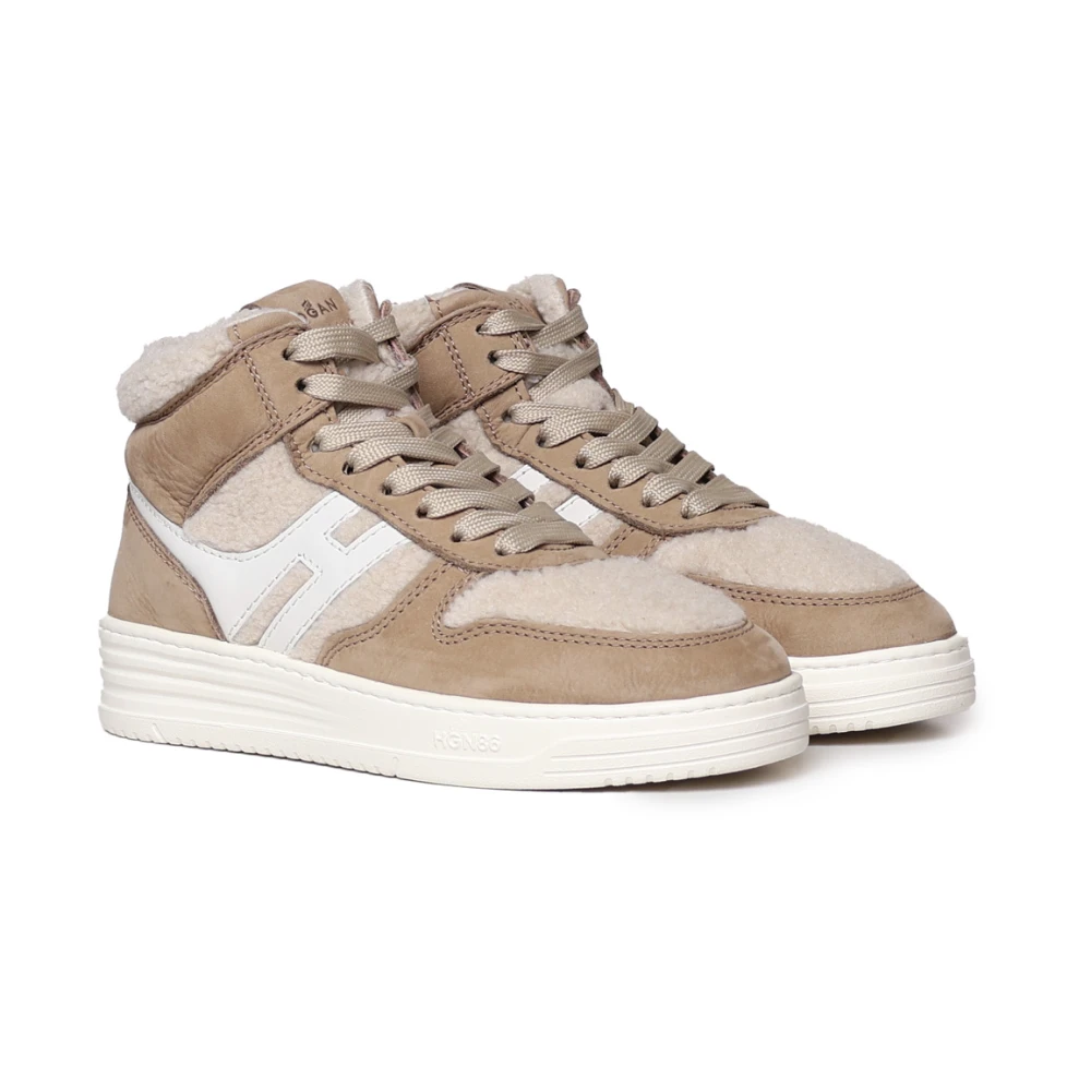 Hogan Beige Nubuck Sneakers met Faux Fur Inzetstukken Beige Dames