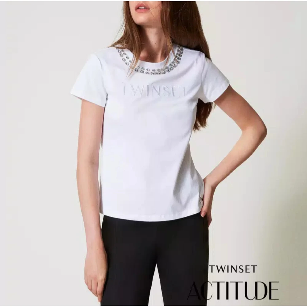 Twinset Handgeborduurd Logo T-shirt White Dames