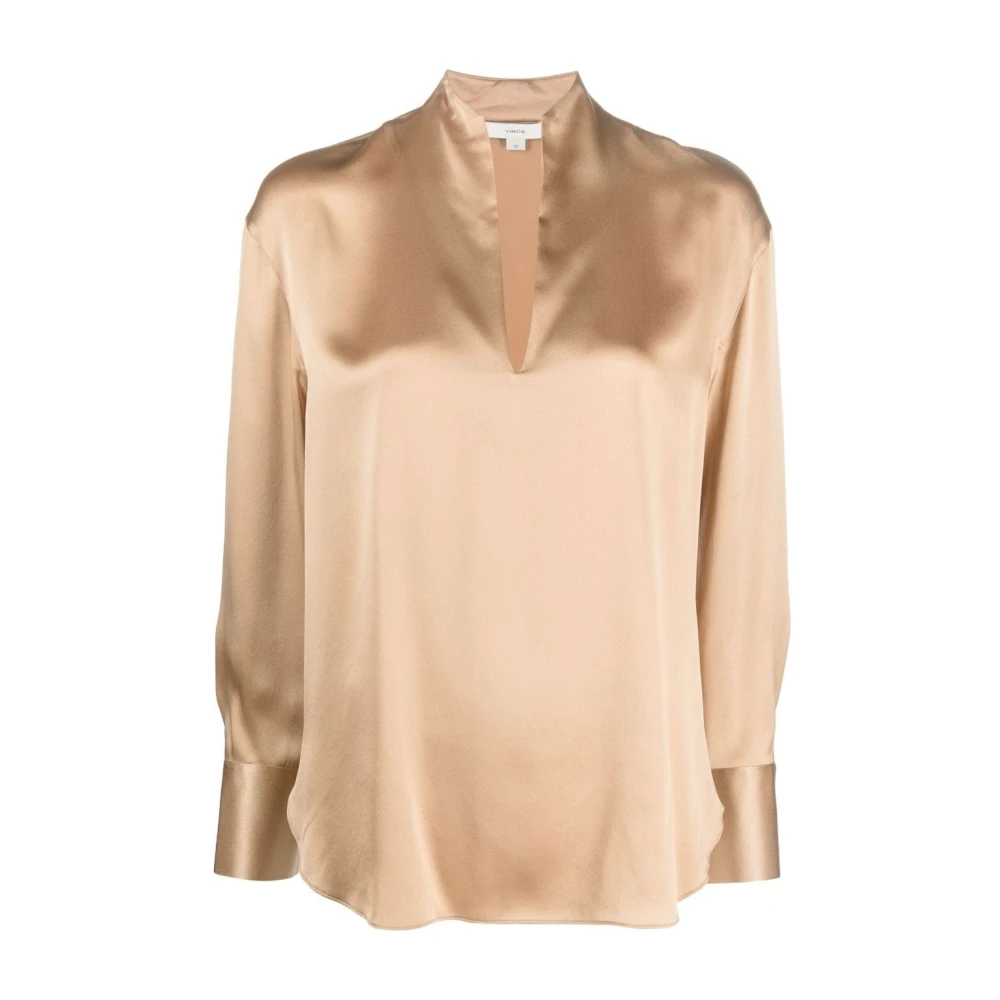 Vince Beige Zijden Split Hals Blouse Beige Dames