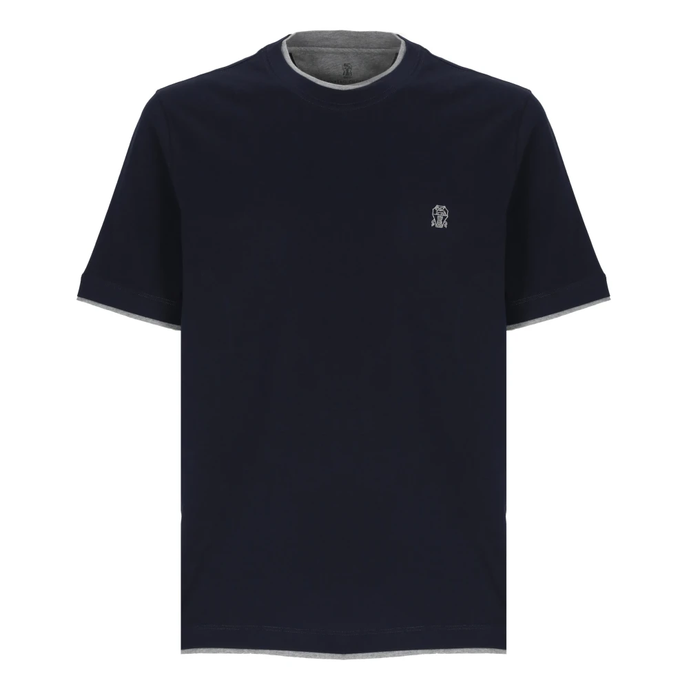 BRUNELLO CUCINELLI Blauw Katoenen T-shirt Ronde Hals Korte Mouwen Blue Heren