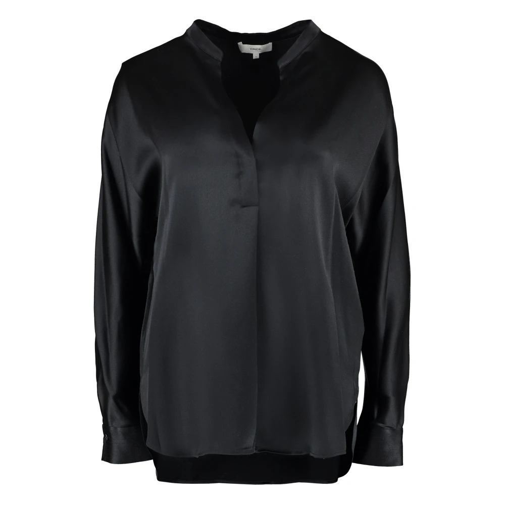 Vince Women's Black Silk Satin Band Collar Blouse