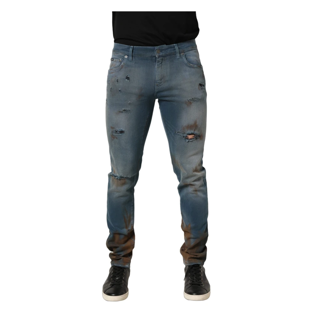 Dolce & Gabbana Men's Blue Slim Fit Jeans, L, Distressed Mid Waist Skinny Denim Jeans