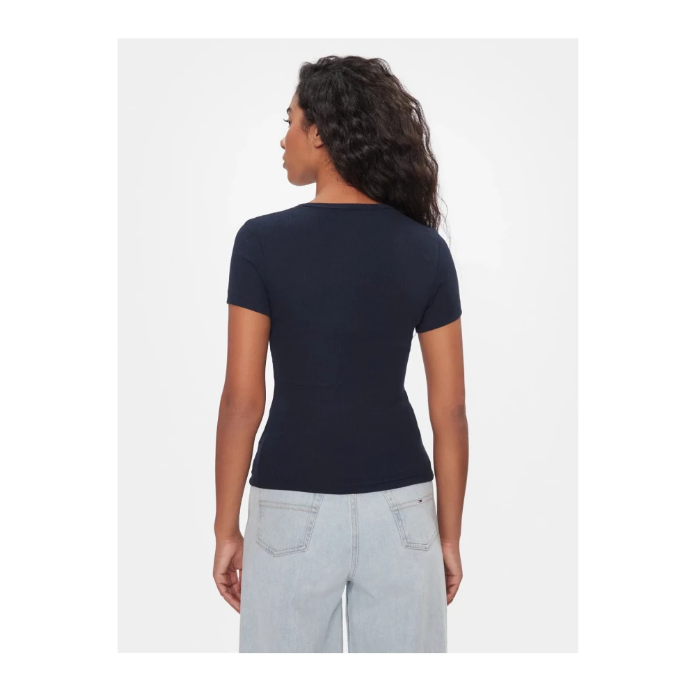 Tommy Jeans Geribbelde Stretch T-shirt Blauwe Ronde Hals Blue Heren