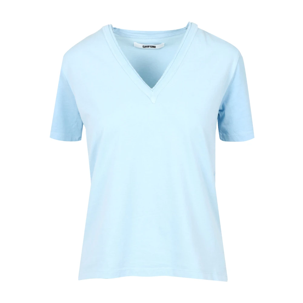 Mauro Grifoni Lichtblauw V-Hals Katoenen T-Shirt Blue Dames