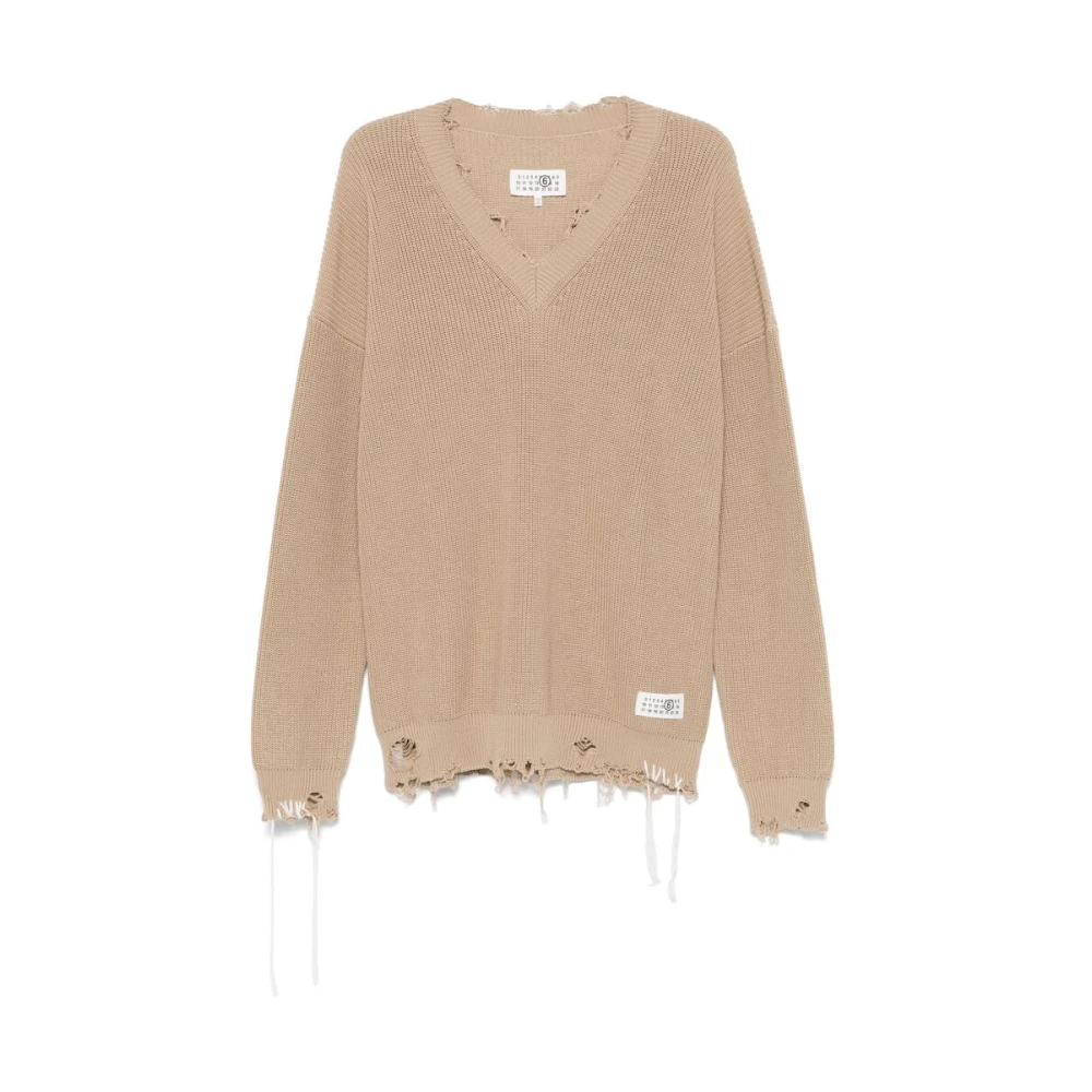 MM6 Maison Margiela Beige Distressed Sweater met Handtekening Motief Brown Heren