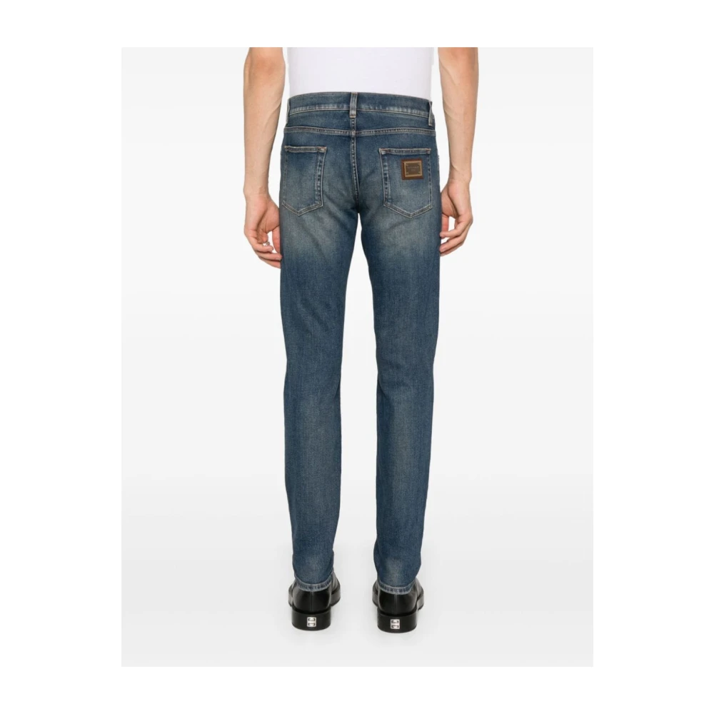 Dolce & Gabbana Slim Logo Plate Jeans Stone Washed Blue Heren