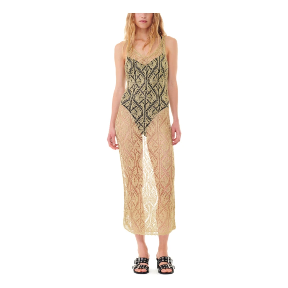 Ganni Metallic Textuur Diepe V-Hals Jurk Yellow Dames