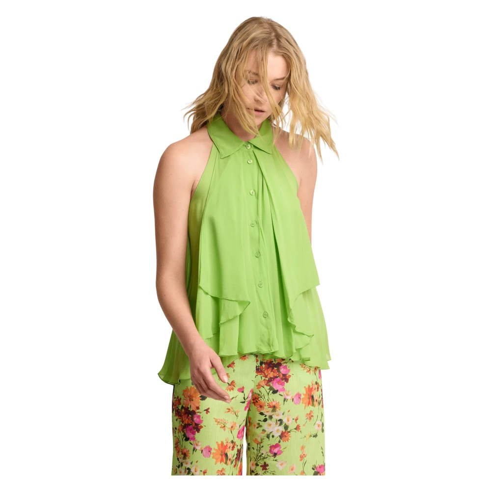 Kocca Women's Green Sleeveless Tops, M, Chic Sleeveless Ruffled Blouse
