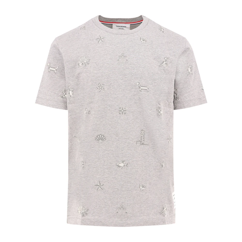 Thom Browne Geborduurd katoenen T-shirt met nautische details Gray Heren