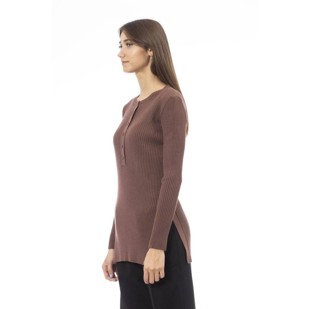 Alpha Studio Ronde Hals Trui met Zijsplitten Brown Dames