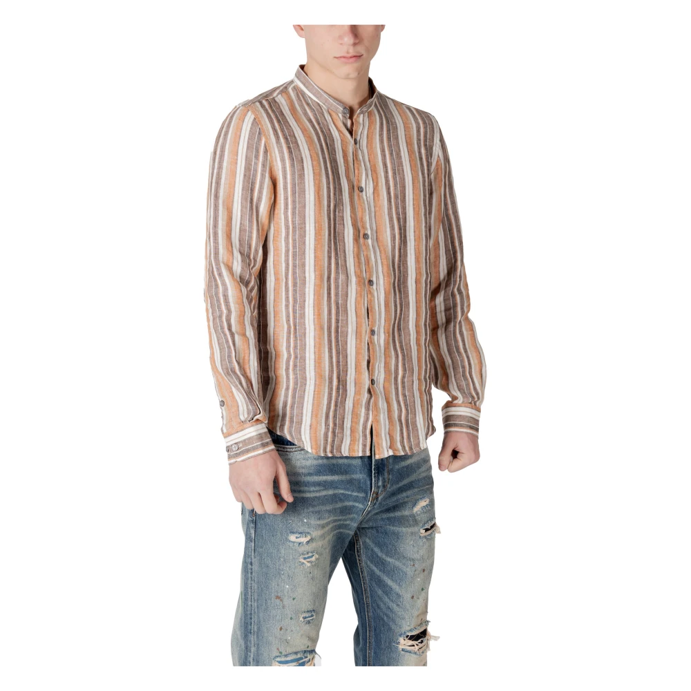 Gianni Lupo Bruin Gestreept Linnen Mandarin Kraag Overhemd Multicolor Heren