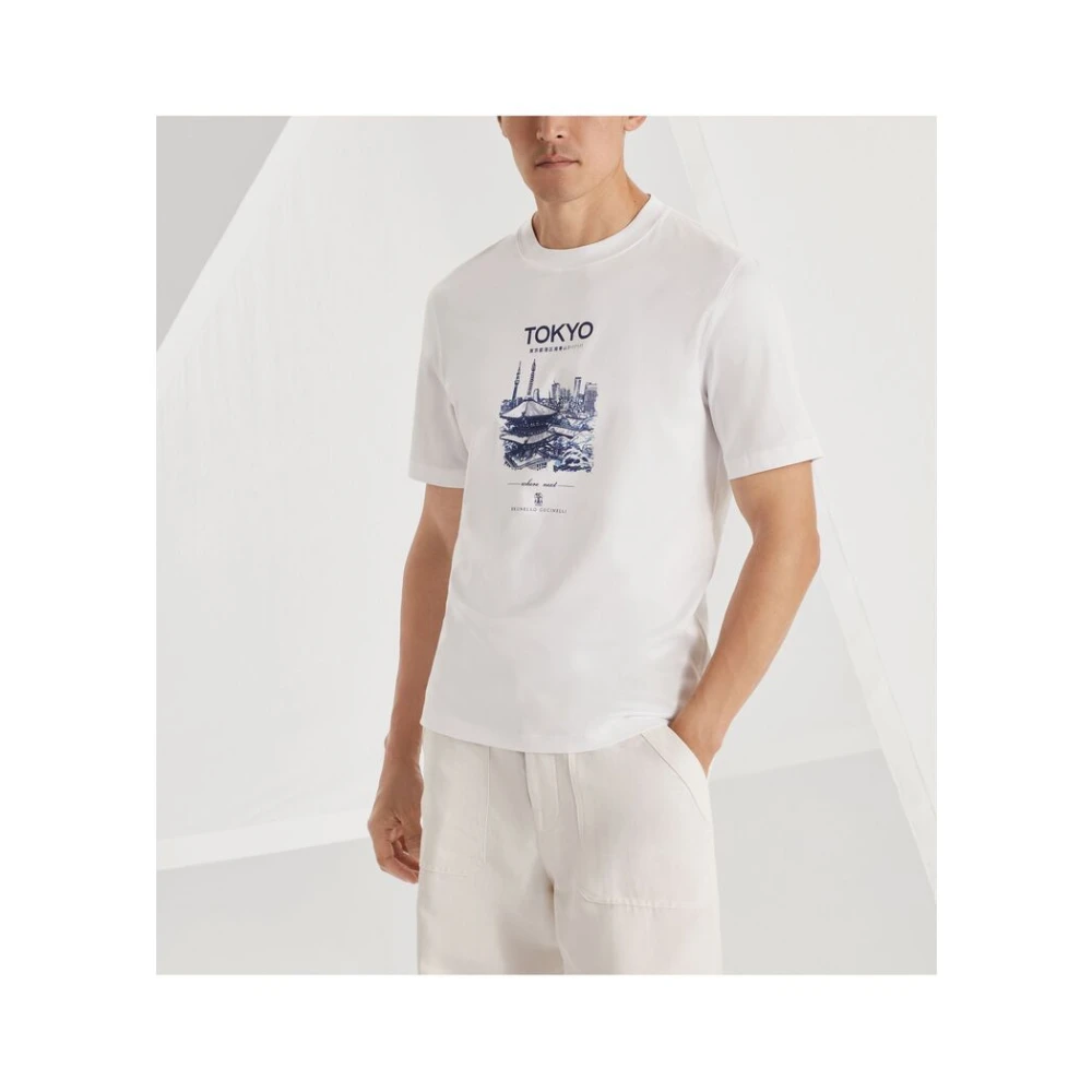 BRUNELLO CUCINELLI Wit Print Crew Neck T-shirt White Heren