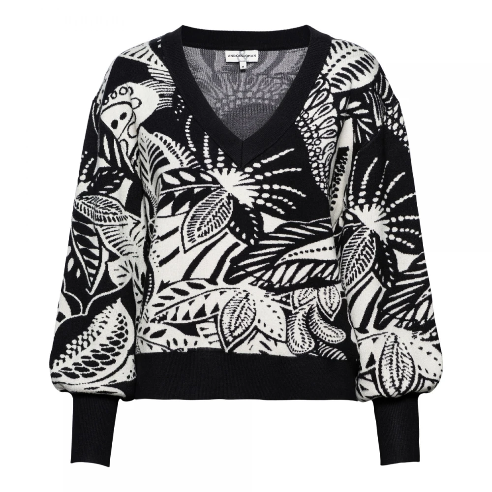 &Co Woman Jacquard Paisley V-Neck Pullover Black Dames