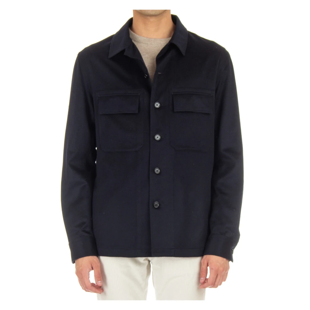 Zegna Men's Blue Cashmere Overshirt With Shirt Collar