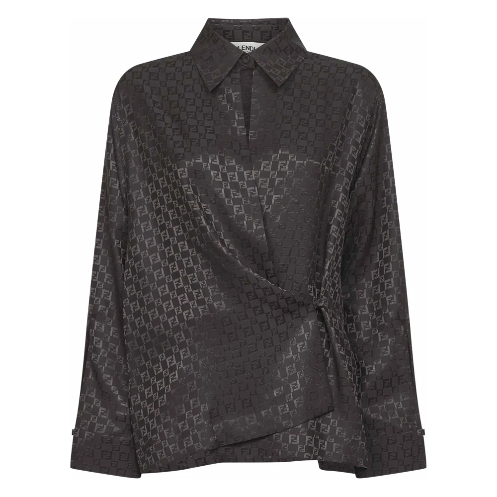 Fendi Women's Brown Silk Chess Jacquard Shirt With Draped Detail