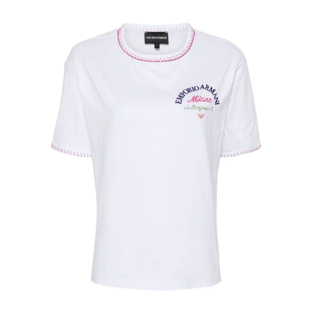 Emporio Armani Wit Katoenen T-shirt met Logo Borduurwerk White Dames
