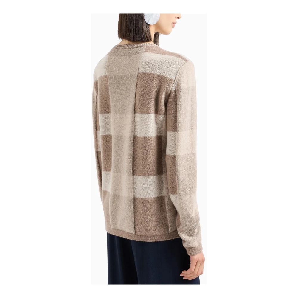 Emporio Armani Geruit Patroon Trui Lange Mouw Ribboorden Beige Dames