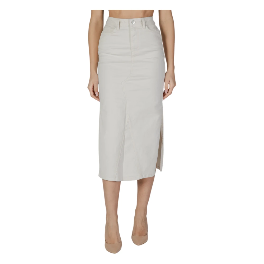 Vila Donna Beige - Gonna Midi In Denim Con Spacchi Laterali - Skirts - L