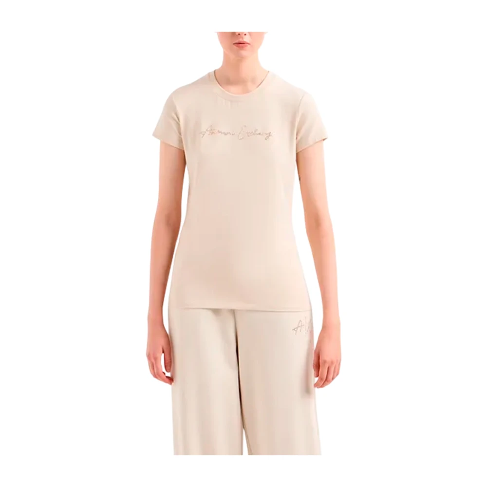 Armani Exchange Glitter Logo Slim Fit T-Shirt Beige Dames