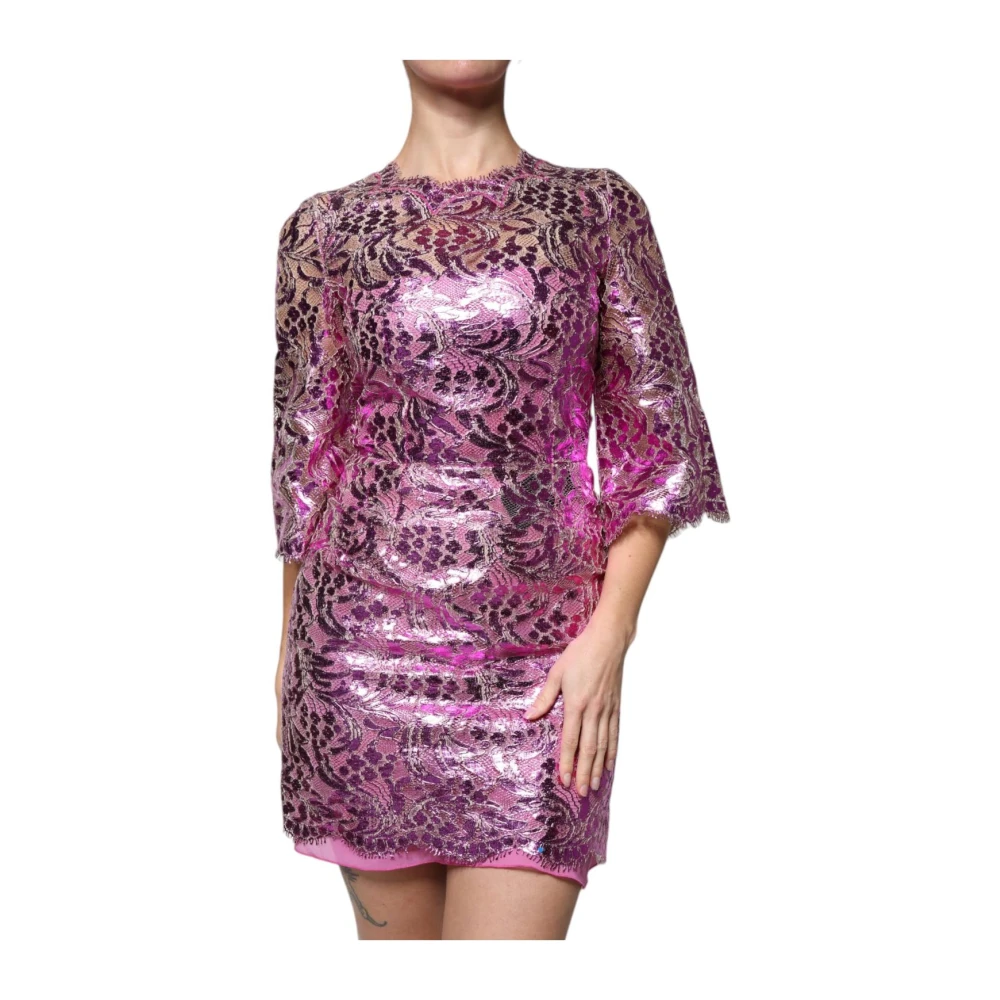 Dolce & Gabbana Metallic Kant Bloemen Mini Jurk Pink Dames