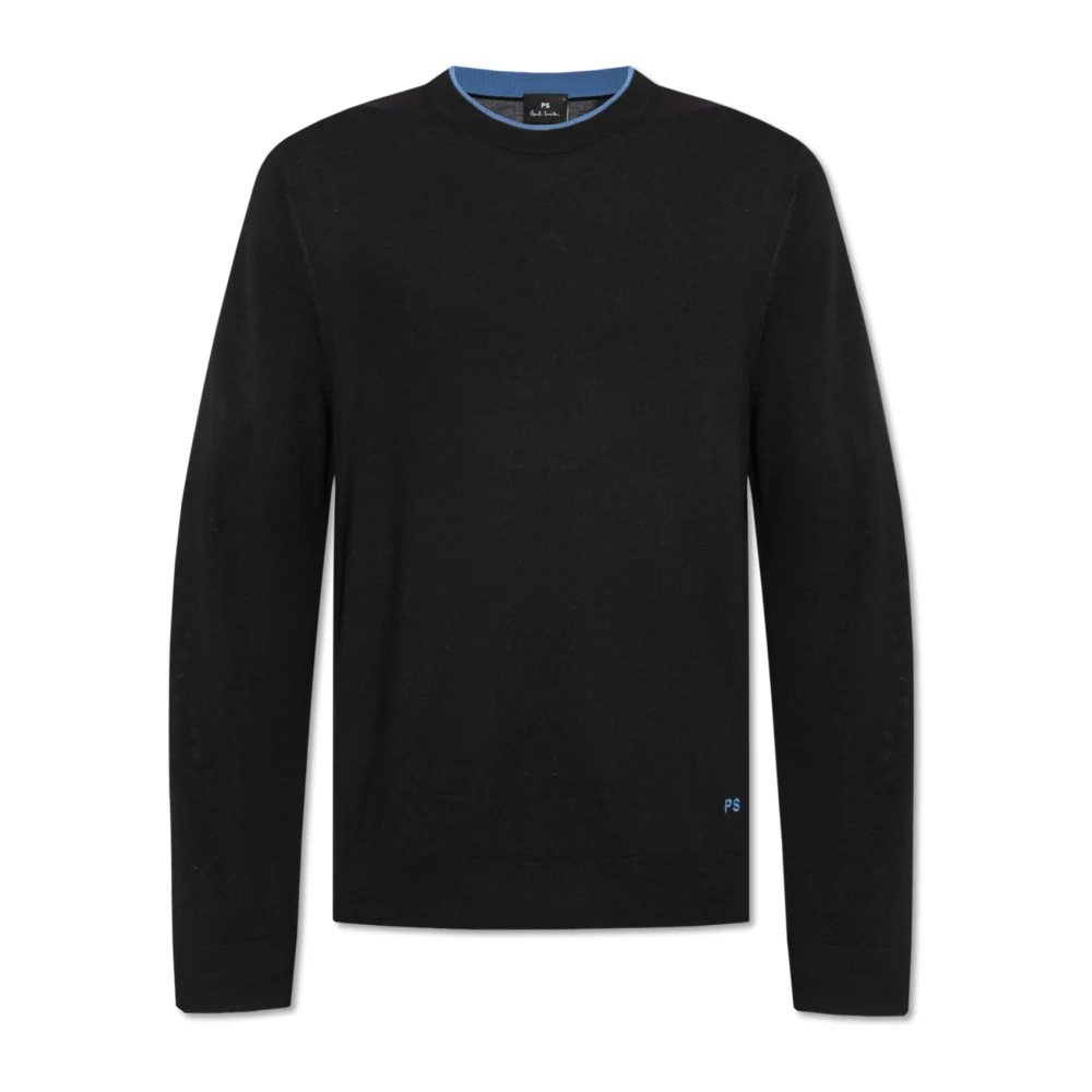 Paul Smith Zwarte wollen trui met candy-blauwe piping Black Heren